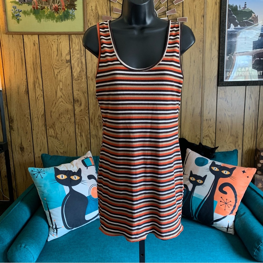 Sporty Striped Tank Dress - Brown, Orange, White